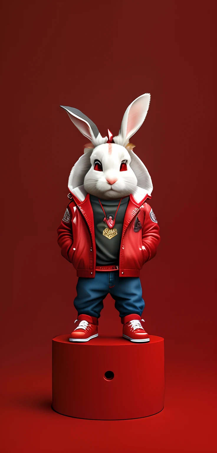 There was a rabbit in a red jacket and red jeans standing, electrixbunny, Surreal rendering of Bugs bunny portrait, rabbit robot, 3D figurine plastic effect texture