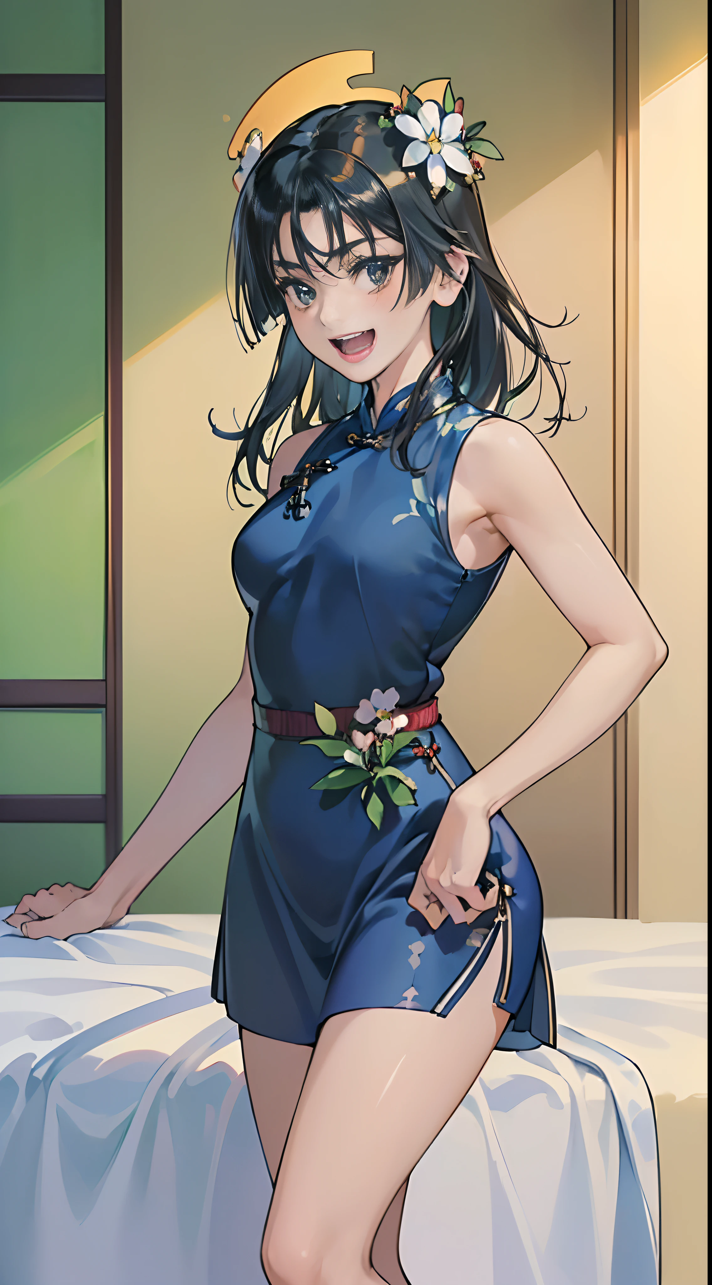 (((​masterpiece,top-quality,超A high resolution))),1womanl, ,((()),Beautiful breasts,ar old,(open open mouth))),(((A smile))),(((Nariko Saten))),,(((Best Quality,4K,in 8K))),(()),(((Blue cheongsam)),