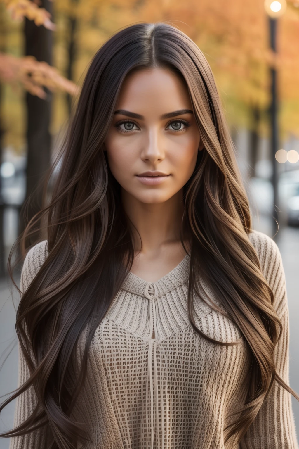 Photograph of a beautiful girl, wear an autumn sweater, long hair on one side, buste lourd 36DD, Look into the camera, eyes symmetrical, symmetrical face, photoreallistic, photographie, Path layout, specular lighting, Volumetric facial light, Hair path, Ombres visibles, complexe, elaborate