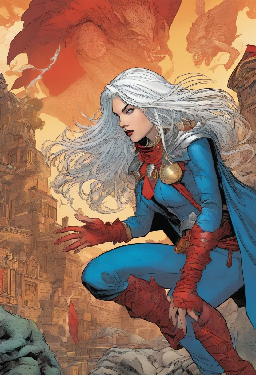 Marvel comic panel, The distant view of a  girl with long white hair and blue eyes. The shape of her face is oval. She is wearing a Sorceress costume with red and black crack patterns, with a red medieval tiara on her head. She is flying and using scarlet magic to combat a large humanoid lizard titan.