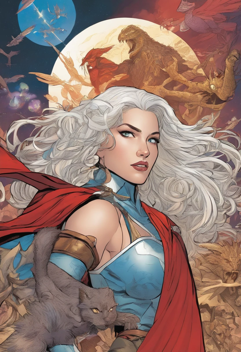 Marvel comic panel, The distant view of a teenage girl with long white hair and blue eyes. The shape of her face is oval. She is wearing a Sorceress costume with red and black crack patterns, with a red medieval tiara on her head. She is flying and using scarlet magic to combat a large humanoid lizard titan.
