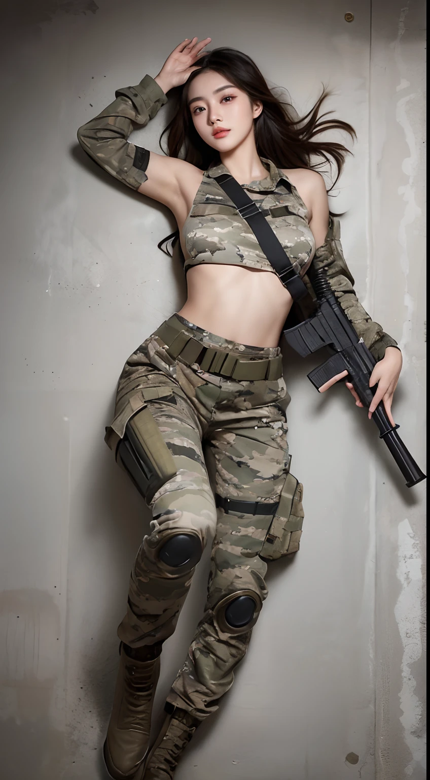 8K, RAW photos, Best quality, Masterpiece: 1.2),(best qualtiy，8K, Yes，32K，masterpiece，hyper HD：1.2) , 20 years old, arafed woman in military uniform laying on the ground with a gun, soldier girl, military girl, taken with canon 5d mk4, mechanized soldier girl, with rifle, shot on canon eos r5, shot on canon eos r 5, korean girl, captured on canon eos r 6, beautiful female soldier, gorgeous chinese model, shot on nikon z9, full body, abs, pefect boobs