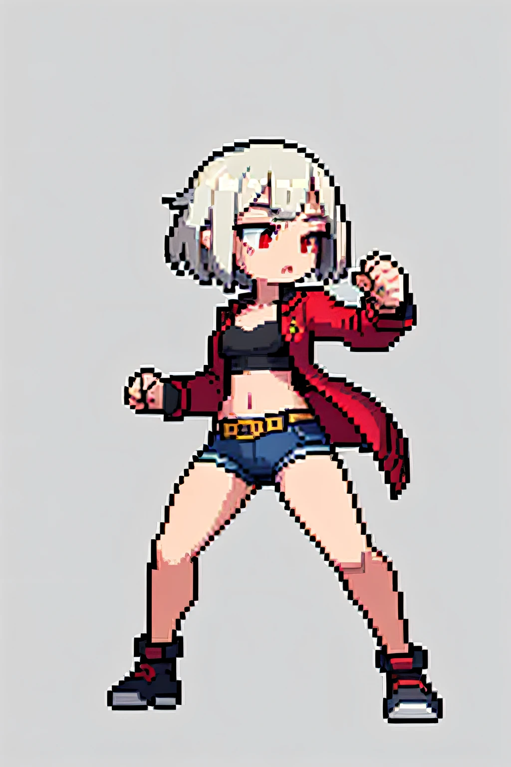 (masterpiece, top quality, best quality, less detail, 8-bit color, soft color,#03253a background), pixel,pixel art,1girl,fullbody,ready to fight,attack pose, smack studio, separate body for edit,easy for editing, short pant, short hair, vampire girl, red eyes, silver hair,simple jacket