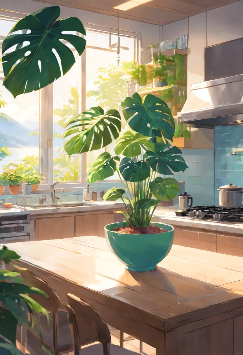In the bright kitchen，bowl、tap、Coffee table minimalist style，In the middle is a large pot of white monstera