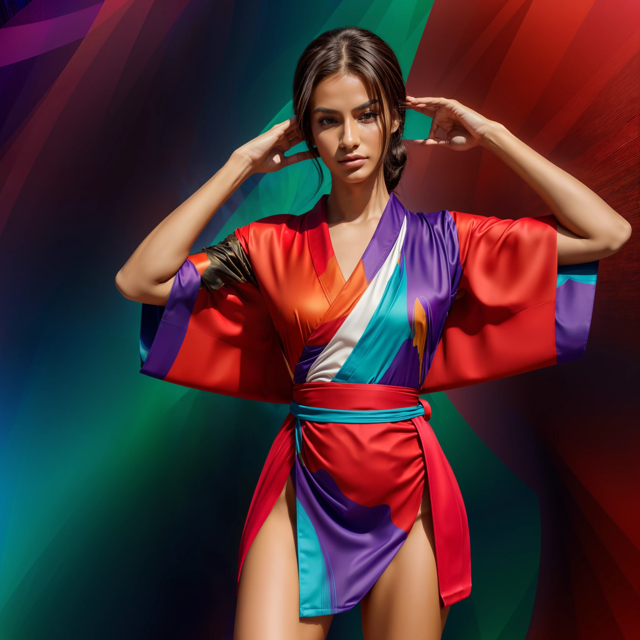 ((portrait, full-body, full-shot)),(best quality,4k,8k,highres,masterpiece:1.2),ultra-detailed,(realistic,photorealistic,photo-realistic:1.37),(1girl russian),(25-yo),(sharp focus:1.5),tanned skin,(skin pores:1.1),extremely detailed face and skin texture,(skin texture:1.1),black hair,tall and slender body,(180cm tall),graceful posture,strong and defined muscles,flawless skin,defined abs,perfect curves,feminine appearance,beautiful long legs,embodying elegance and beauty,small breasts,((wearing a (red) Kimono)),(ultra-short dress),natural colors,extremely detailed and realistic clothes,(colorful),(film grain:1.3),(Beautiful and aesthetic:1.2),(fractal art:1.2),Colorful,highest details,(rectangle:1.2),(Dynamic gesture),(abstract backgrounds:1.5),(shift dresses:1.2),(many color:1.4).