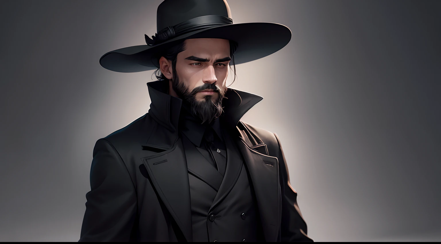 A man black pent and Black over coat with black hat, small beard, head up