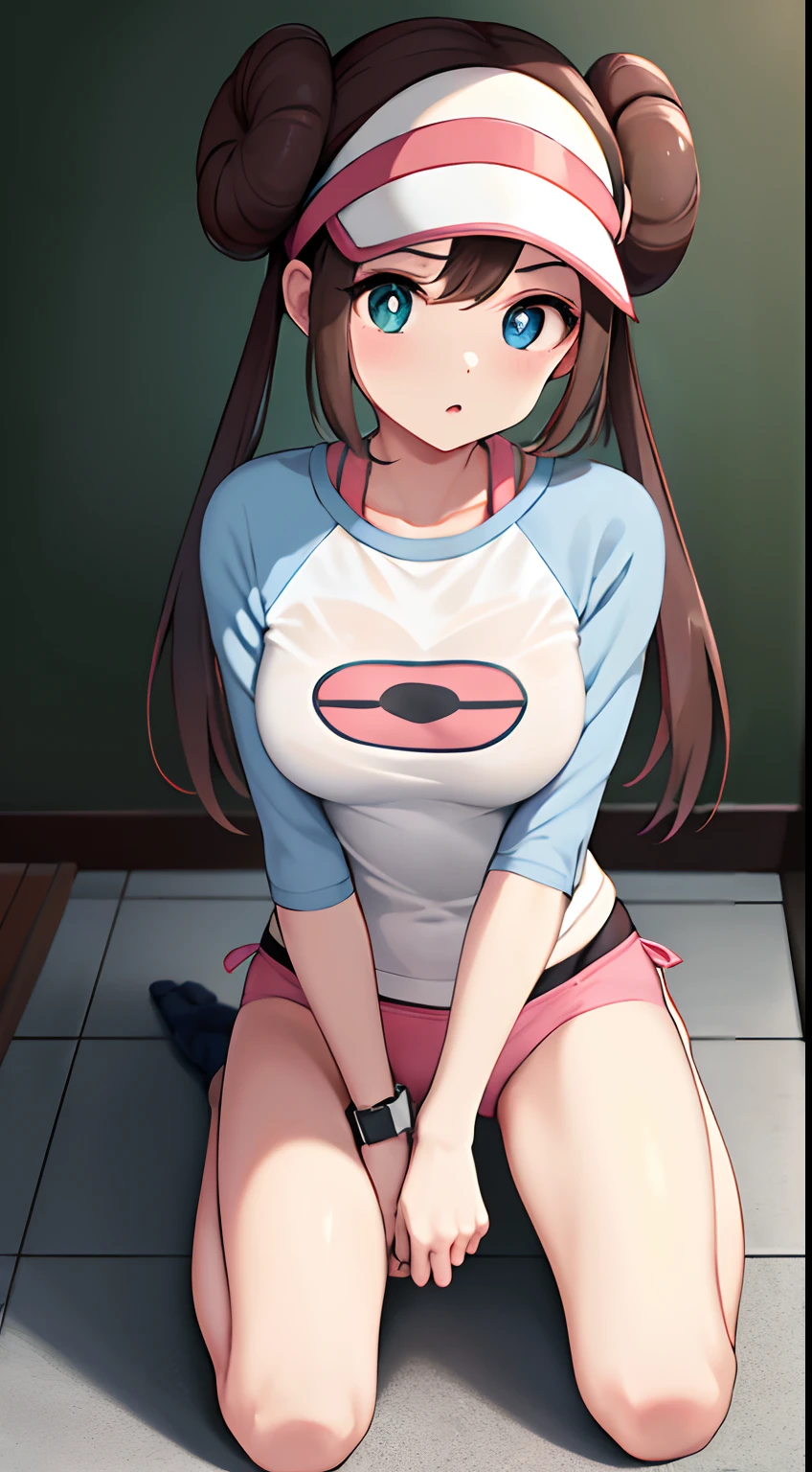 M-shaped legs、open one's legs、Pussy、masterpiece, top-quality, hight resolution, RO1, Hair buns, blue eyess, Twin-tailed, Visor Cap, panthyhose, raglan sleeves, Pink Panties, The shirt, Pink ribbon, Watches, Slouched, gym, crouching down, , see -through, crouching down, Open legs, thighs thighs thighs thighs, Attractive thighs、Ruined restroom