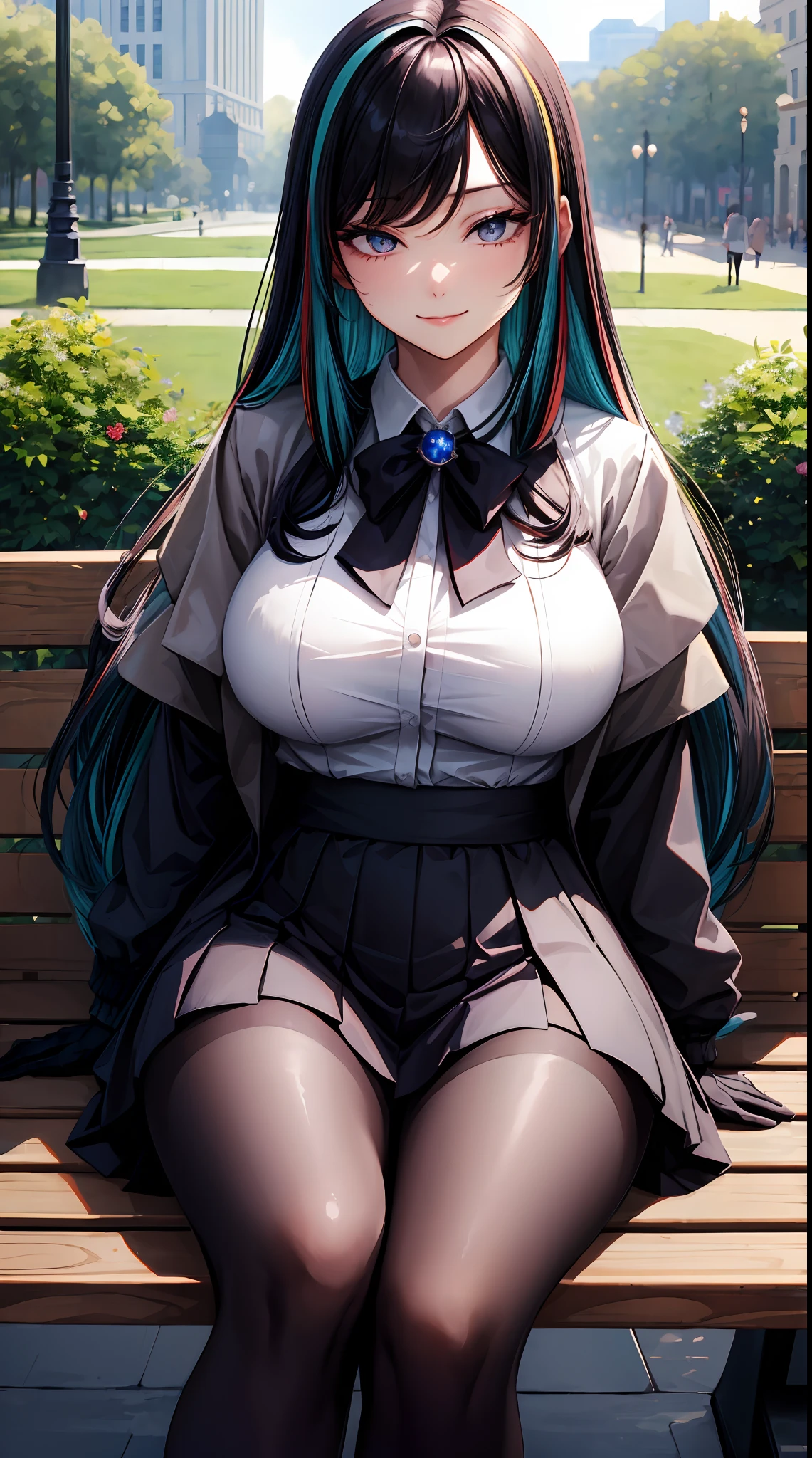 (masterpiece, best quality:1.2), (big boobs:1.2),  intricate details, ado, 1girl, multicolored hair, long hair, collared shirt, jacket, light smile, bangs, gloves, long sleeves, (mature female:1.2), in the park, sit down