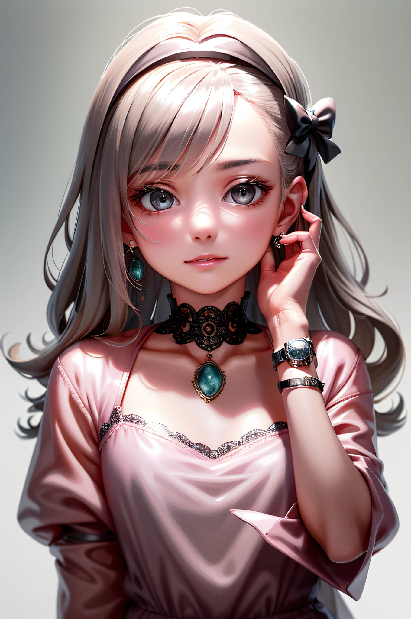 cute, ultra-detailed, illustration, intricate, detailed, extremely detailed, detailed face, soft lighting, soft light, soft focus, perfect face, beautiful, accurate anatomy, overexposure, 8k, 4k, (highres:1.1), best quality, (masterpiece:1.3), 1girl, solo, jewelry, brown eyes, looking at viewer, earrings, grey hair, bangs, choker, closed mouth, portrait, watch, hair ornament, simple background, grey background, long hair, head rest, lips, hair bow, black choker, bow, eyelashes
