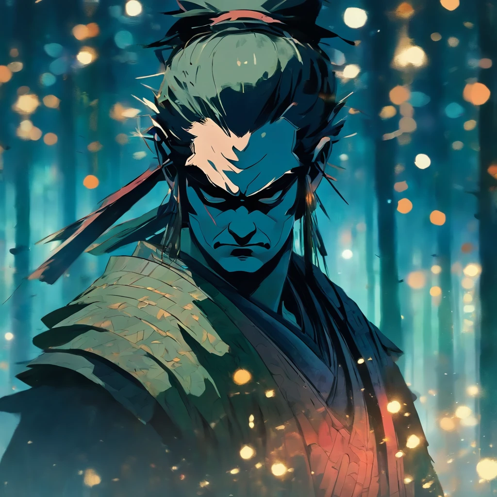 (close up shot:1.5), Japanese samurai warrior, forest glade at night background, (dusk), moonlight, bokeh, (art by jeremy mann and edvard munch), beautiful composition, complimentary colors, masterpiece, award winning