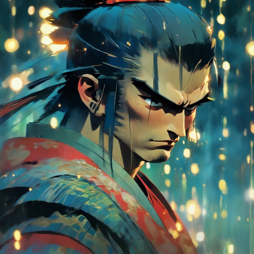 (close up shot:1.5), Japanese samurai warrior, forest glade at night background, (dusk), moonlight, bokeh, (art by jeremy mann and edvard munch), beautiful composition, complimentary colors, masterpiece, award winning