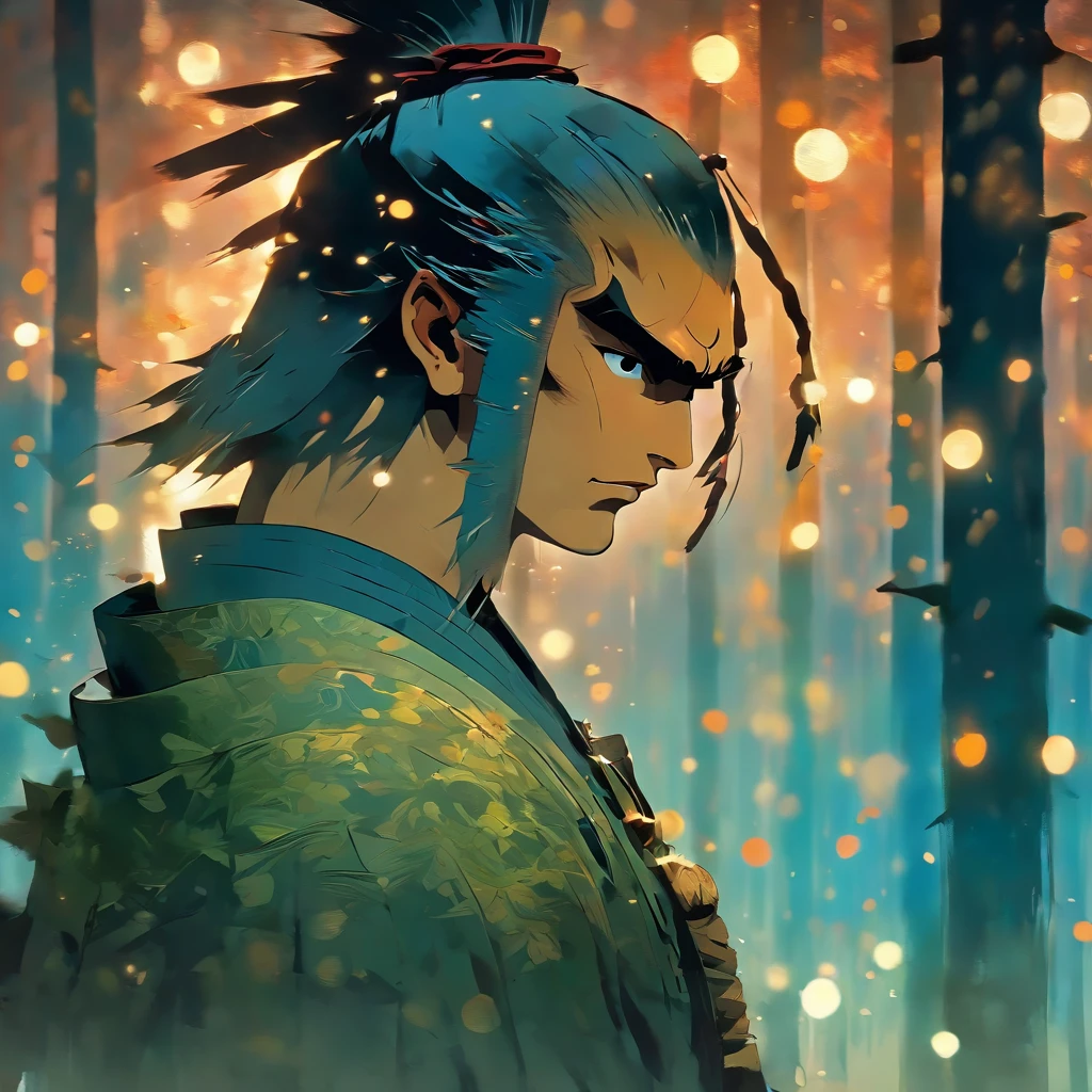 (close up shot:1.5), Japanese samurai warrior, forest glade at night background, (dusk), moonlight, bokeh, (art by jeremy mann and edvard munch), beautiful composition, complimentary colors, masterpiece, award winning