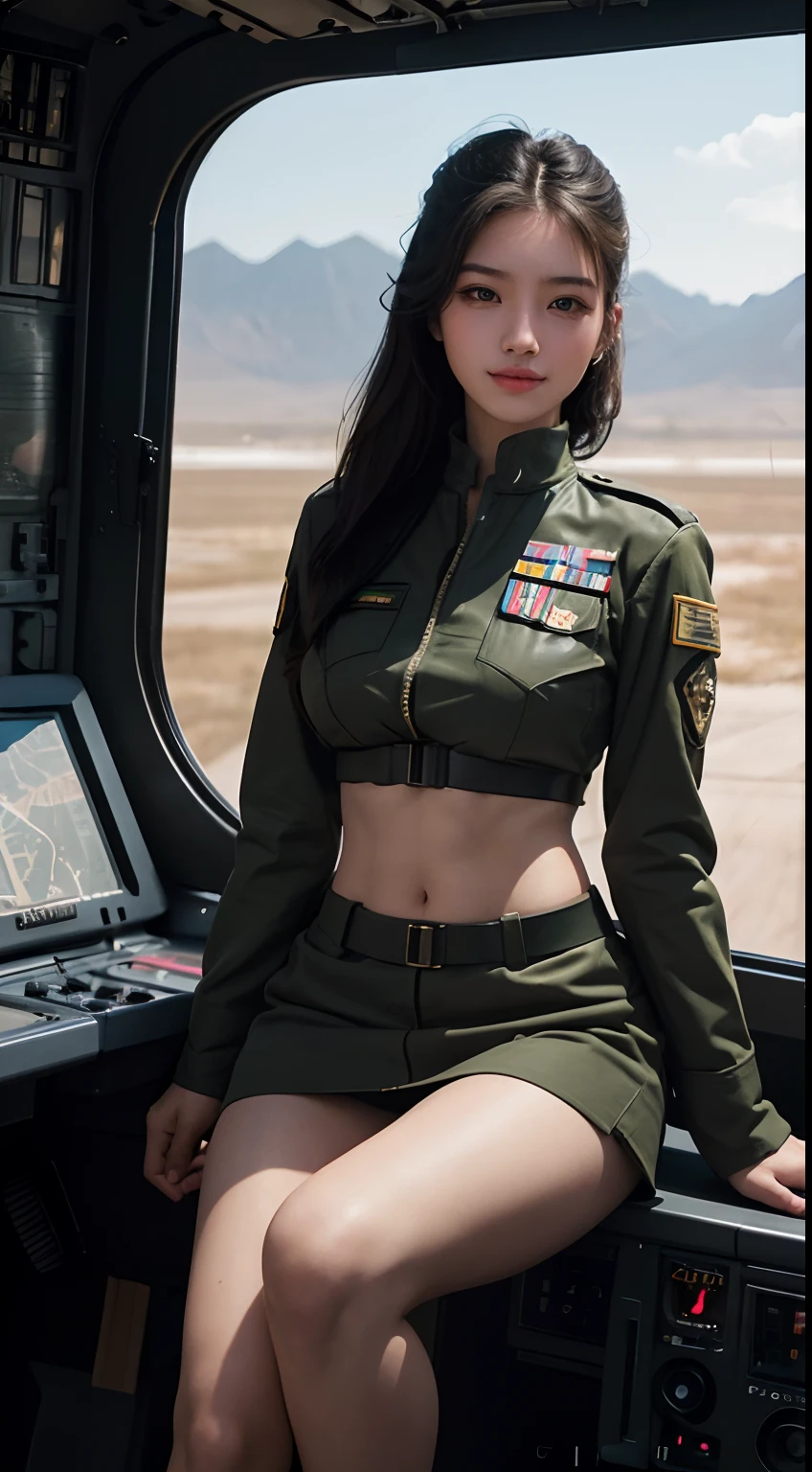 8K, RAW photos, Best quality, Masterpiece: 1.2),(best qualtiy,8K, Yes,32K,masterpiece,hyper HD:1.2) , 20 years old, arafed woman in a military uniform sitting in a plane, military girl, soldier girl, wojtek fus, beautiful female soldier, wearing military outfit, mechanized soldier girl, ross tran 8 k, perfect military composure, artwork in the style of guweiz, cute pilot girl, by Russell Dongjun Lu, pilot girl, soldier outfit, beautiful digital artwork, abs, pefect boobs, model body type
