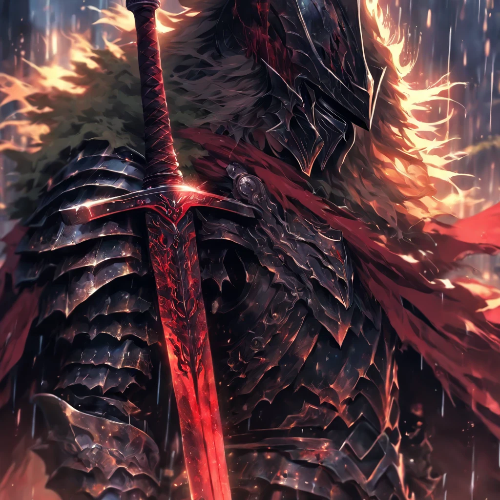 a close up of a person holding a sword in the rain, blood knight, fantasy knight, 8k high quality detailed art, badass anime 8 k, from arknights, evil knight, gothic knight, dark souls art style, arknights, fallen knight, knight armored in red, 4k fantasy art, epic fantasy digital art style, 8k fantasy art