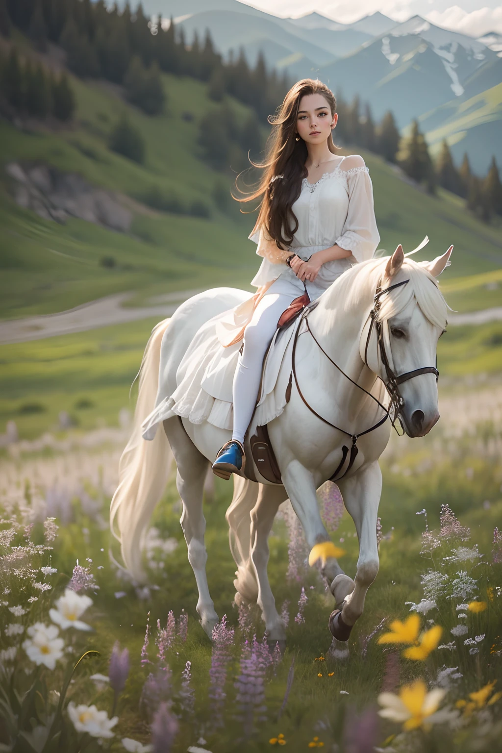 20-year-old girl with long hair, on a white horse, grass field, wildflowers, snow mountains..