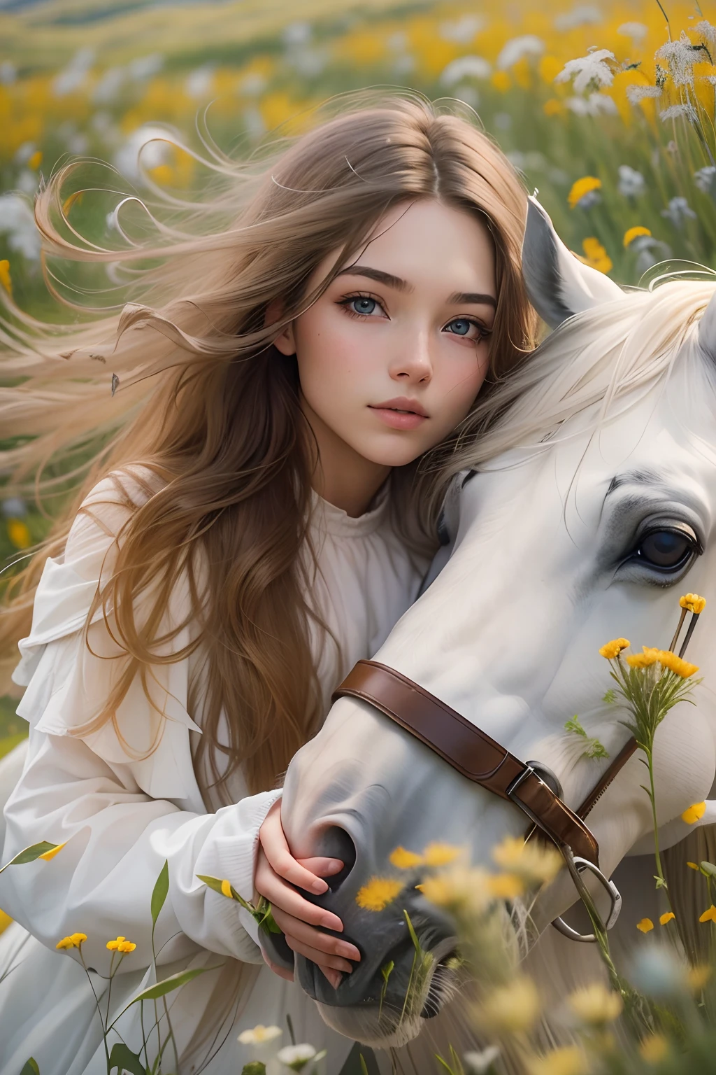 20-year-old girl with long hair, on a white horse, grass field, wildflowers, snow mountains..