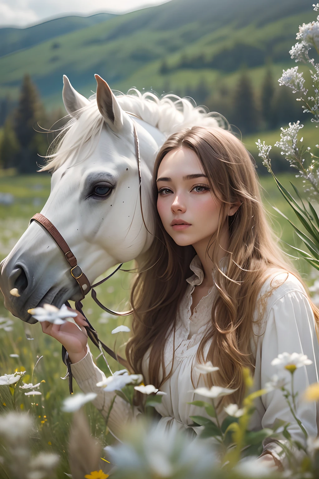 20-year-old girl with long hair, on a white horse, Close-up photos, grass field, wildflowers, snow mountains..