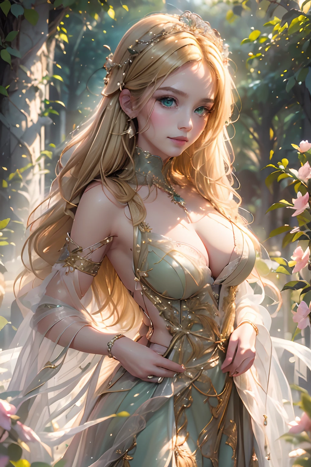 (Best Quality, hight resolution, Masterpiece:1.2), Ultra-detailed, Realistic:1.37, HDR, studio lightning, extreme detail description, Professional, Vivid colors, bokeh, portrai, oil painting, Charming goddess, smirks at the viewer, ((blonde hair)), ((Green eyes)), ((Open princess dress in pale pink color))