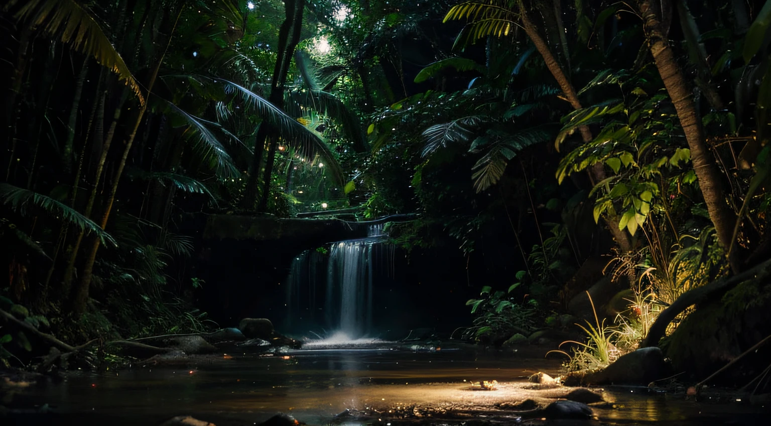 stream in jungle, night, wide, 5 deer sleep