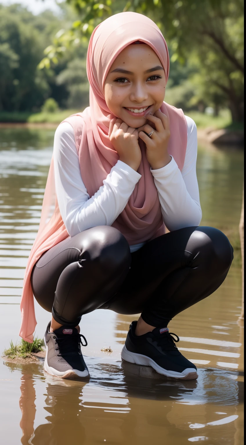 Malay girl wearing pastel green hijab squatting in the mud at the river, squat, small tits, small breast, flat chest, wide waist, thick thighs, bright lighting, portrait photography, detail skin texture, mole below eyes, small breast, flat chest, wide waist, thick thighs, big thigh, big tight, slim abs, beautiful body, tall, nighttime, laughing, happy, bright lighting, wet body, too many mud in body, smudge mud in body, wet face, wear sneakers,