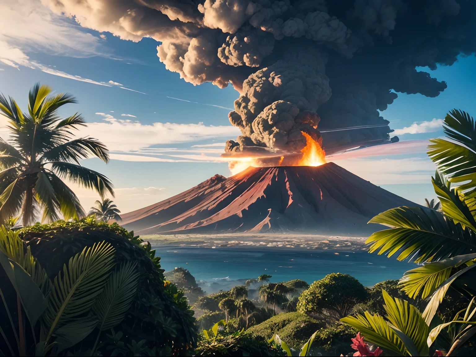 (active volcano,Smoke),Surrounded by beautiful tropical islands, Lush greenery, Palm trees and flowers, The volcano is smoking, Beautiful lighting, beautiful shadows, lush scenery,