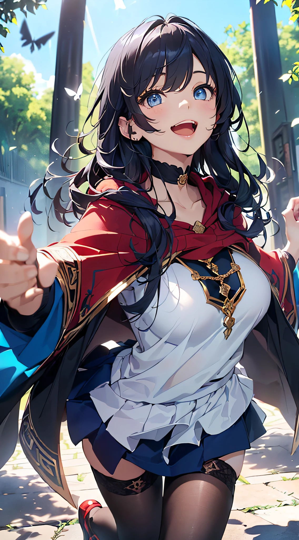 top-quality、Top image quality、masterpiece、girl with((cute little、18year old、Best Bust、Medium bust、Bust 85,Beautiful blue eyes、Breasts wide open,Long Black Hair、A slender、Blue hair mesh、Black and white t-shirt、Blue short skirt,red cloak,Laugh、jumpping、Flying in the sky、Reflecting the whole body、Fluttering cloak、Fluttering short skirt))hiquality、Beautiful Art、Background with((blue-sky、mid air、flying though the air)),masutepiece、Elaborate design、visualart、depth of fields、The best lighting、highestdetailed、8k