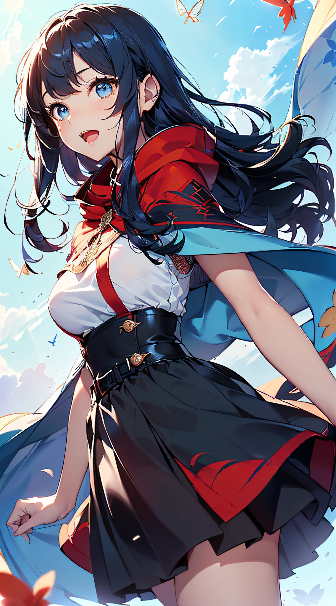 top-quality、Top image quality、​masterpiece、girl with((cute little、18year old、Best Bust、Medium bust、Bust 85,Beautiful blue eyes、Breasts wide open,Long Black Hair、A slender、Blue hair mesh、Black and white t-shirt、Blue short skirt,red cloak,Laugh、jumpping、Flying in the sky、Reflecting the whole body、Fluttering cloak、Fluttering short skirt)）hiquality、Beautiful Art、Background with((blue-sky、mid air、flying though the air)),masutepiece、Elaborate design、visualart、depth of fields、The best lighting、highestdetailed、8ｋ