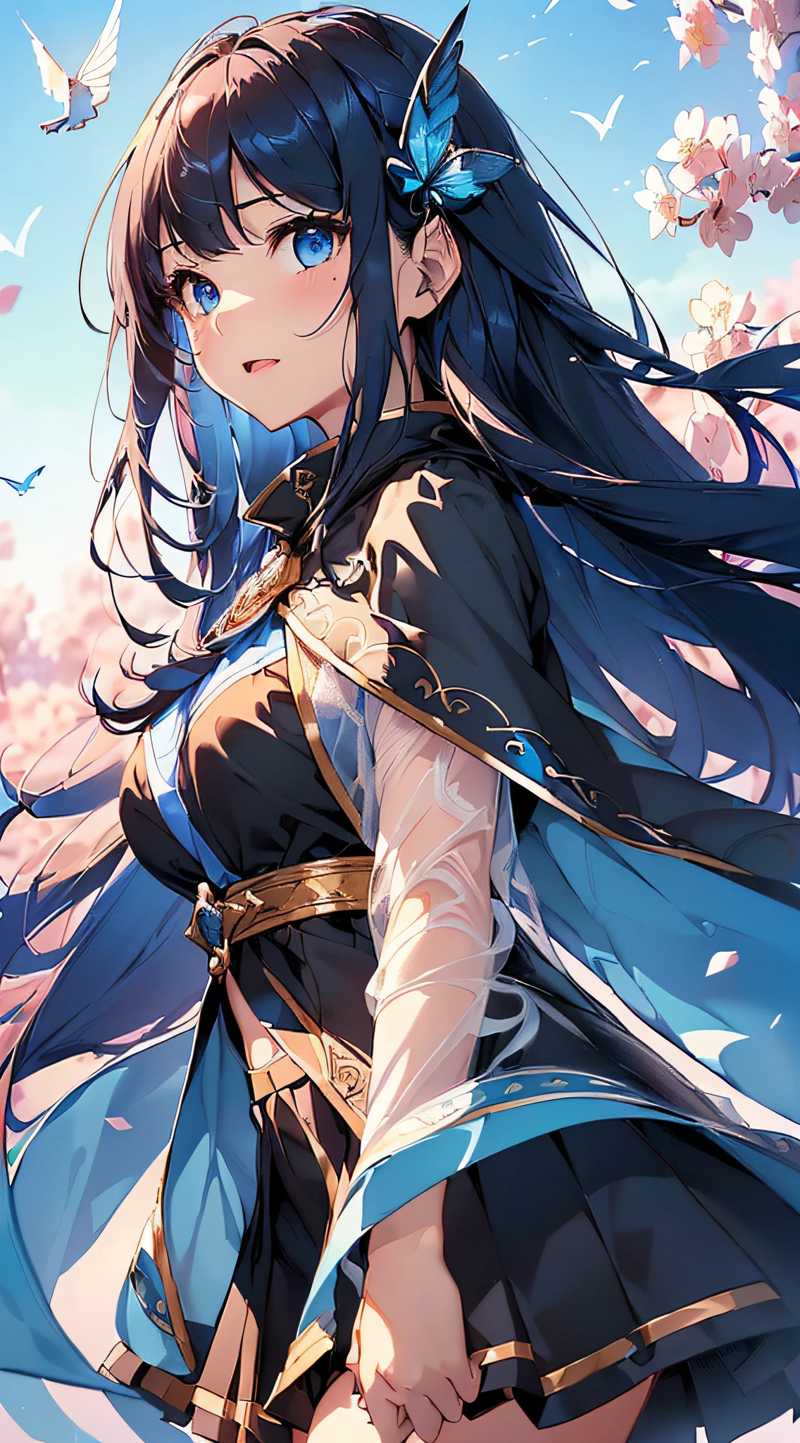 top-quality、Top image quality、masterpiece、girl with((cute little、18year old、Best Bust、Medium bust、Bust 85,Beautiful blue eyes、Breasts wide open,Long Black Hair、A slender、Blue hair mesh、Black and white t-shirt、Blue short skirt,red cloak,Laugh、jumpping、Flying in the sky、Reflecting the whole body、Fluttering cloak、Fluttering short skirt))hiquality、Beautiful Art、Background with((blue-sky、mid air、flying though the air)),masutepiece、Elaborate design、visualart、depth of fields、The best lighting、highestdetailed、8k