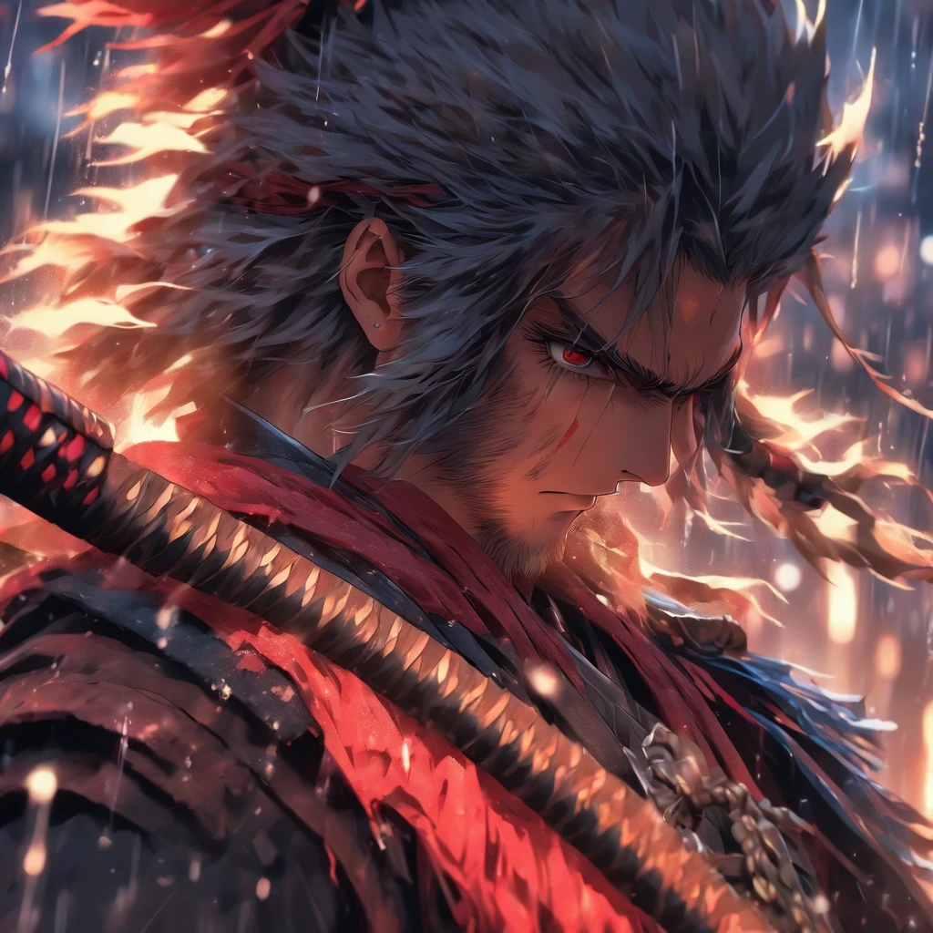 a close up of a person holding a sword in the rain, blood samurai, fantasy samurai, 8k high quality detailed art, badass anime 8 k, from arknights, evil samurai, japanese samurai warrior, dark souls art style, arknights, fallen knight, samurai armored in red, 4k fantasy art, epic fantasy digital art style, 8k fantasy art