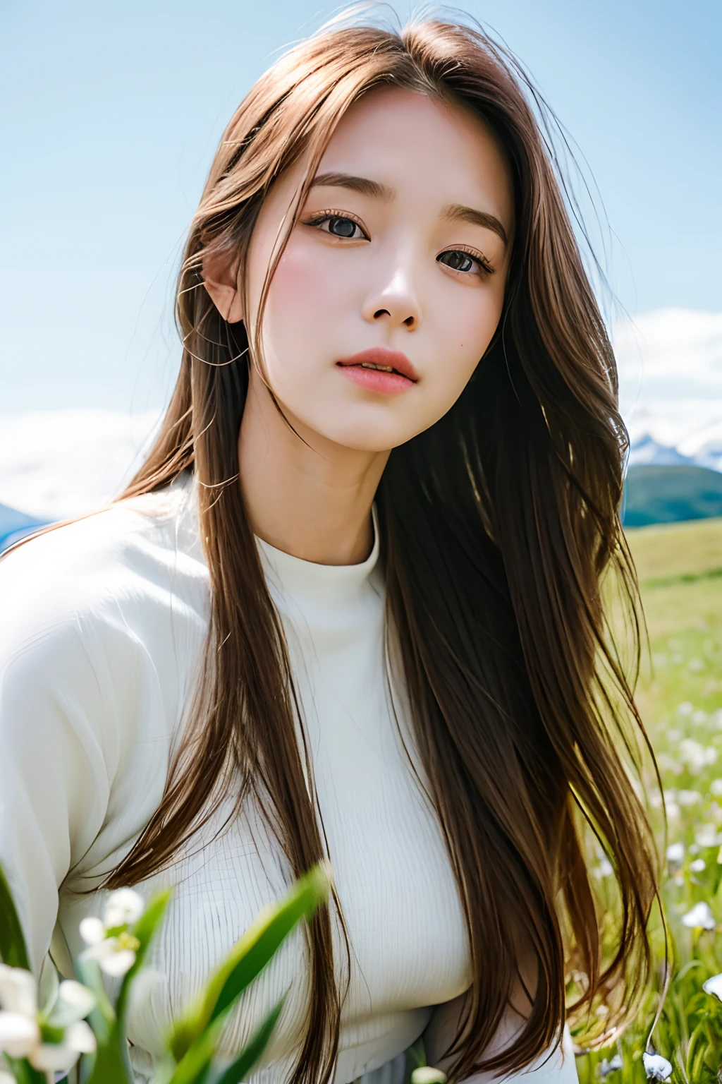 20-year-old girl with long hair, on a white horse, Close-up photos, grass field, wildflowers, snow mountains..