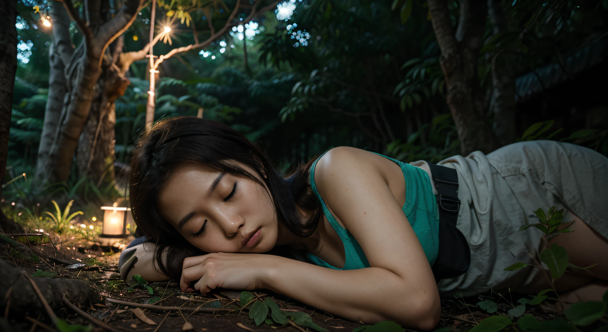 korea girl sleep, in jungle, under wood, night, Wide picture