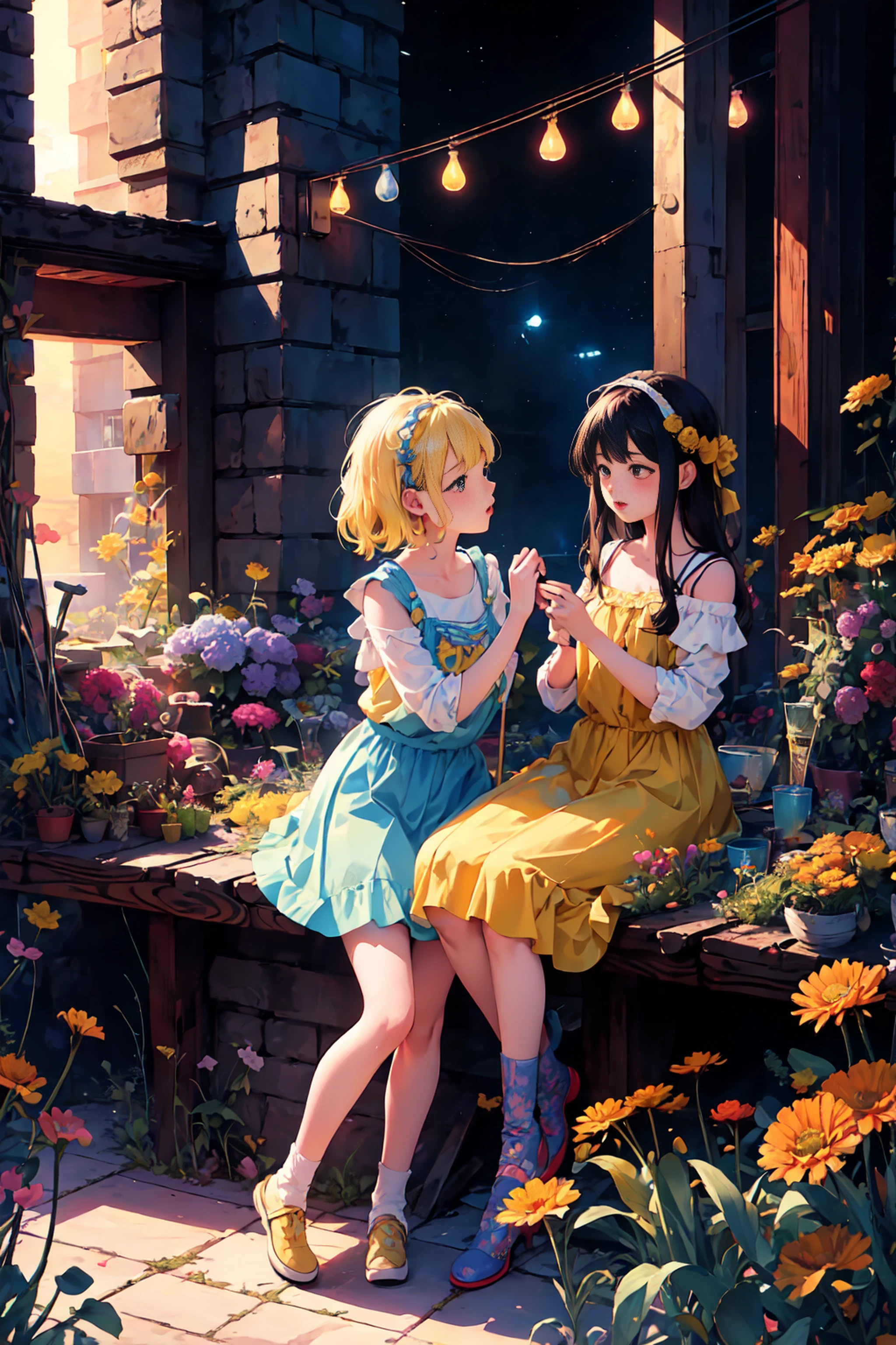 Cutest,cute ***********s,couple girls,mesugaki,fantasy_world,kiss,lots of colorful flowers,(best quality,8k,masterpiece:1.2),ultra-detailed,realistic,photorealistic,vivid colors,portraits,medium:illustration,soft lighting,marigold_yellow.