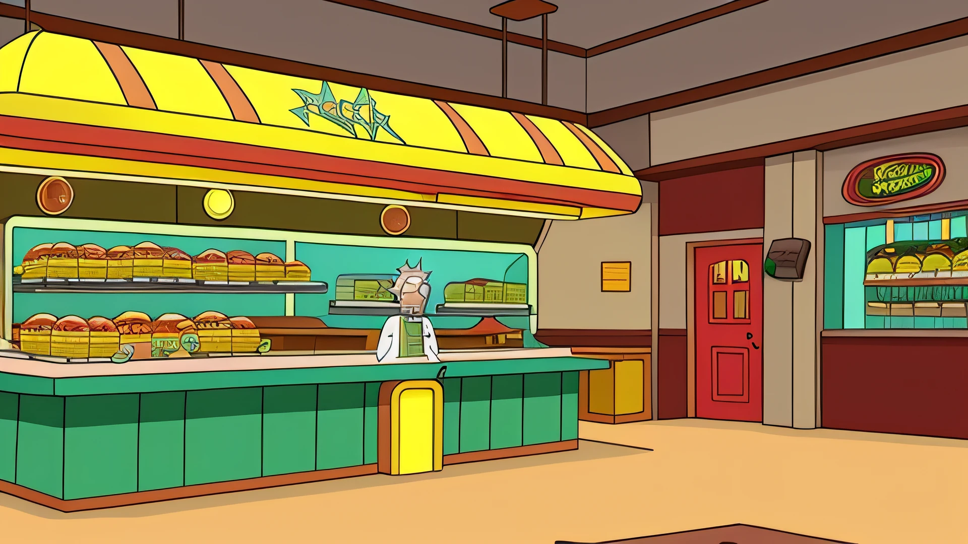 Rick and Morty scene style burger shop