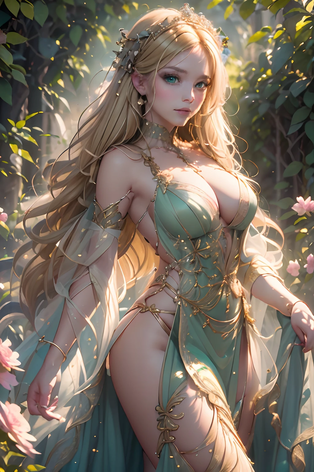 (Best Quality, hight resolution, Masterpiece:1.2), Ultra-detailed, Realistic:1.37, HDR, studio lightning, extreme detail description, Professional, Vivid colors, bokeh, portrai, oil painting, Charming goddess, smirks at the viewer, ((blonde hair)), ((Green eyes)), (Open princess dress in pink)