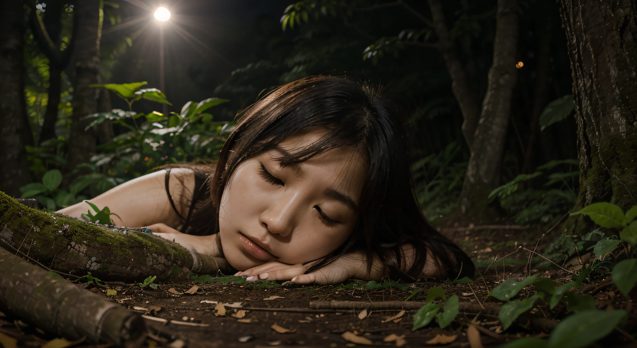 korea girl sleep, in jungle, under wood, night, Wide picture