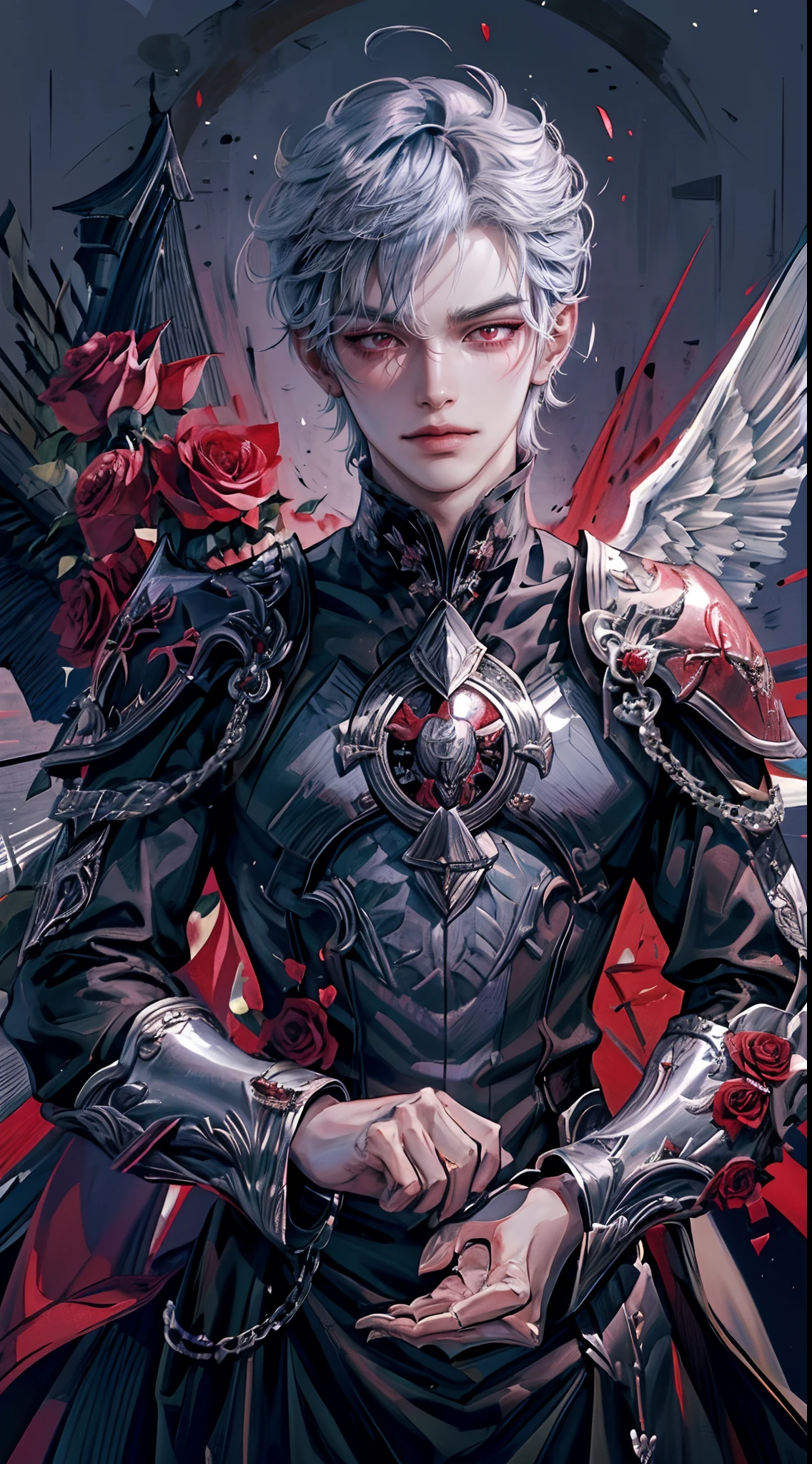 ((4K works))、​masterpiece、（top-quality)、((high-level image quality))、((One Beautiful Fallen Angel Man))、King of Fallen Angels、Slim body、((Vampire Black Y-Shirt Fashion))、(Detailed beautiful eyes)、((Red roses and crows on fantastic black background))、Inside the Evil Castle、((Face similar to Chaewon in Ruseraphim))、((Fallen Angel Bob Hair))、(((bright silver hair)))、((Smaller face))、((Neutral face))、((Evil face))、((Red Eyes))、((Korean Male))、((50 years old))、((wild boy))、((Evil look))、((angry expressions))、((Show your teeth and smile))、((Korean makeup with black eyeshadow))、((elongated and sharp eyes))、((Shot alone))、((Fallen angels))、Photos of fallen angels、Villain、Dark Proof、((Shot from diagonally in front))、Fallen Angel Pose