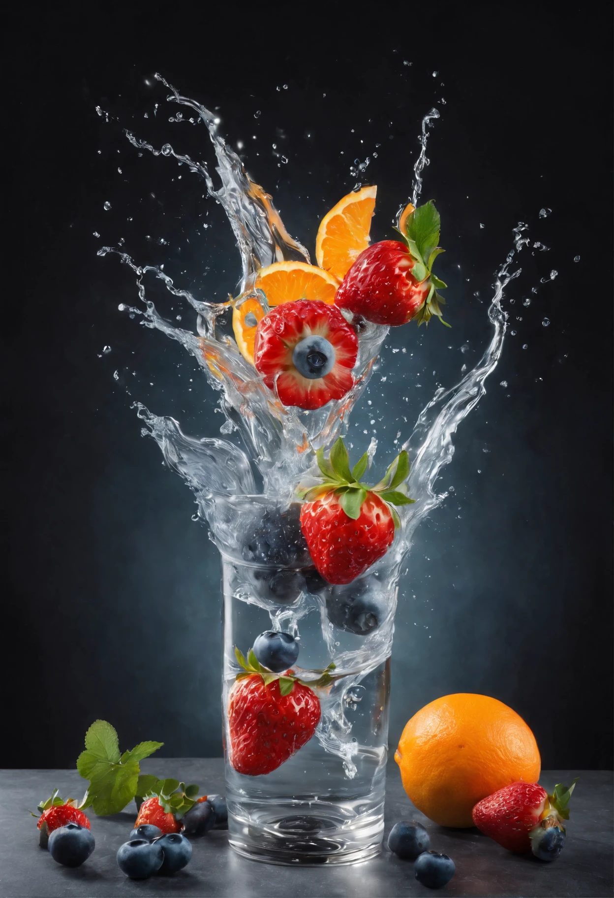 (Cinematic Photo:1.3) of (Realistic:1.3) a studio shot of a (exploding:0.2) (Fruit in low gravity:1.1) (Splashing:0.9) a glass of water with strawberries, oranges and blueberries in it, splash image, full-color, on a canva, splashes of liquid, drinks, a fruit basket, strong red hue, hgh, evokes delight, water swirling, by Fred Marcellino, top selection on unsplash, professional food photography, art photography. black background