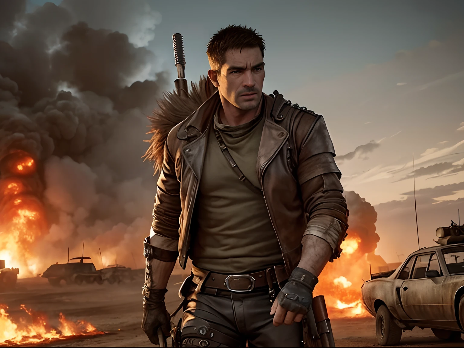 (High res, best quality, masterpiece) adult male, (solo male) harsh lighting 4k, dramatic lighting 4k, full body, athletic build, muscular, rugged look, serious expression, short black hair, brown eyes, (detailed eyes), face: blood stain, (holding, guns: pistols), gripping_handle, (detailed hands), bulletproof vest, ((white skull_chest)), ((gloves: black)), shirt: black, graphic T: skull, boots: brown, an army of shadows surround him as he stands in the middle of a large battlefield, he is holding two guns in the palm of his hands as he walks through the difficult terrain, barren wasteland