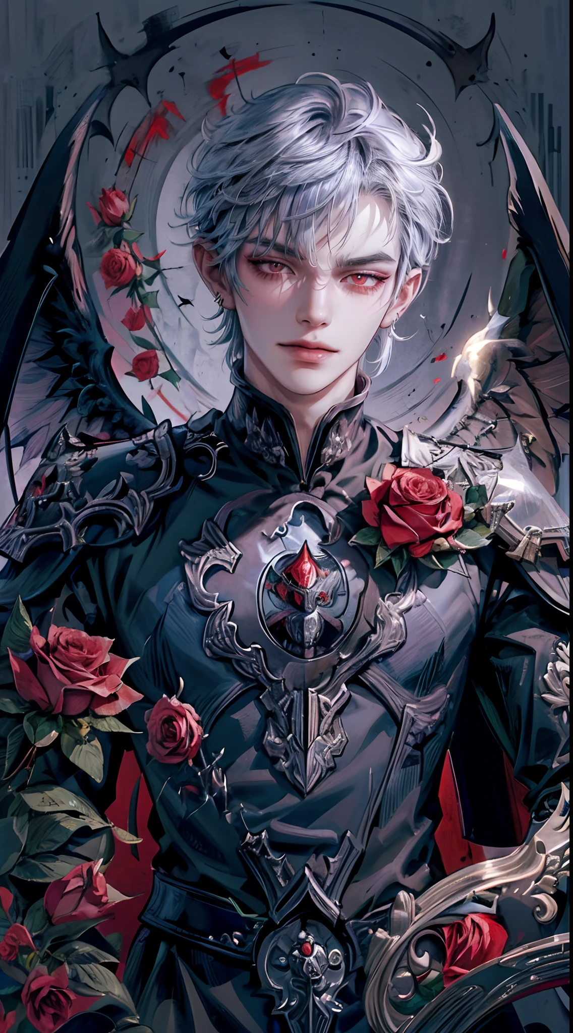 ((4K works))、​masterpiece、（top-quality)、((high-level image quality))、((One Beautiful Fallen Angel Man))、King of Fallen Angels、Slim body、((Vampire Black Y-Shirt Fashion))、(Detailed beautiful eyes)、((Red roses and crows on fantastic black background))、Inside the Evil Castle、((Face similar to Chaewon in Ruseraphim))、((Fallen Angel Bob Hair))、(((bright silver hair)))、((Smaller face))、((Neutral face))、((Evil face))、((Red Eyes))、((Korean Male))、((50 years old))、((wild boy))、((Evil look))、((angry expressions))、((Show your teeth and smile))、((Korean makeup with black eyeshadow))、((elongated and sharp eyes))、((Shot alone))、((Fallen angels))、Photos of fallen angels、Villain、Dark Proof、((Shot from diagonally in front))、Fallen Angel Pose