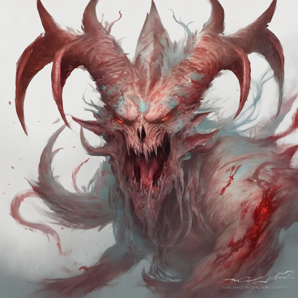 Drawing of a demonic creature with a bloody face and a bloody head, genocide, Science - the art of horror fiction, Science Fiction Horror Art, Inspired by Alexis Bricklot, Fangs of Carnage, Horror art in the fantasy genre, supervision: Alexis Bricro, Horror concept art, veneno, Fantasy and horror art, Detailed illustration of 4K horror, demonic creatures, dark fantasy horror art, demonic horns, Pure evil, Facial marks, Language output