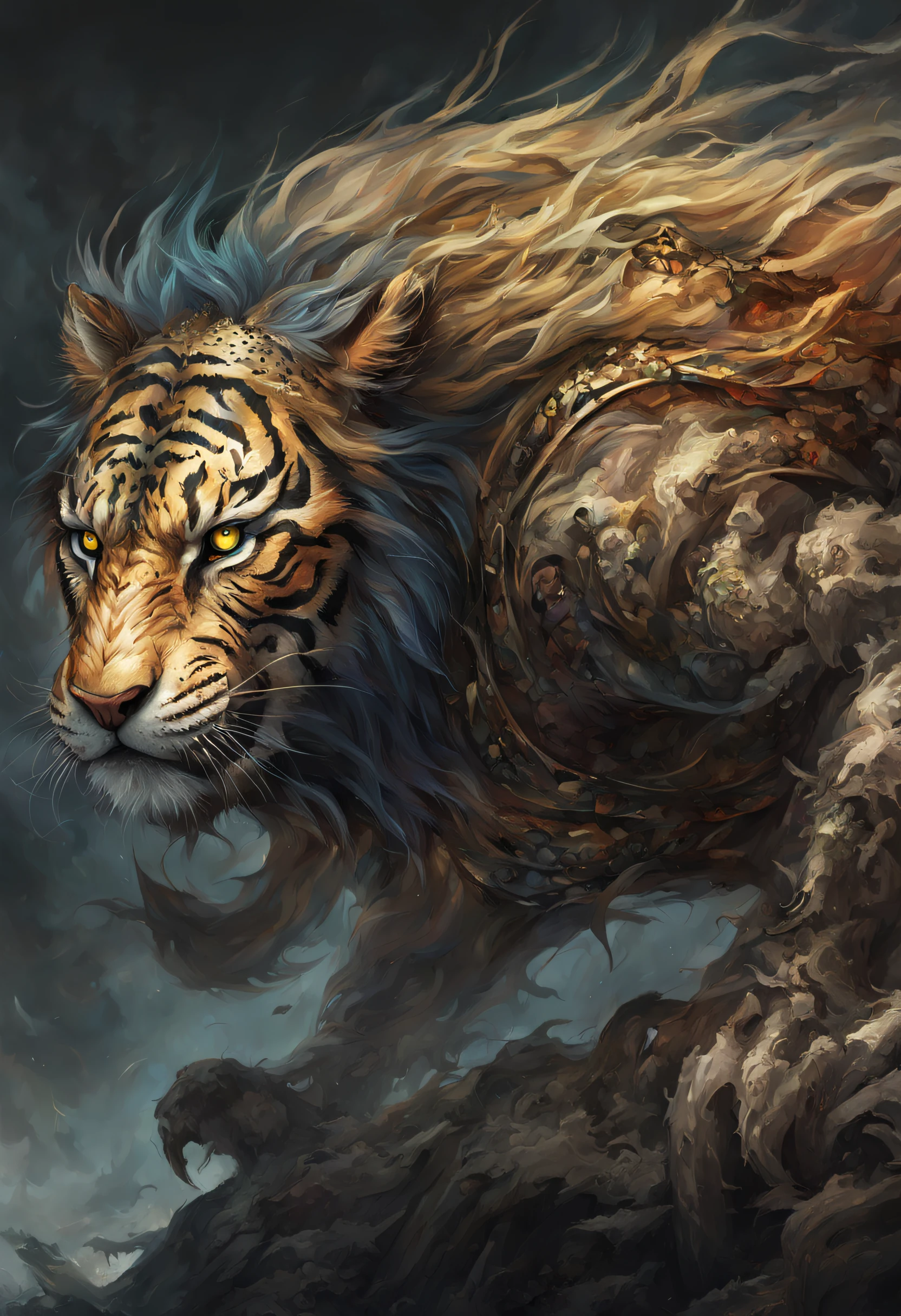 Whether it's a legendary unicorn、big dragon,Or a tiger in real life、the Lion,People are full of curiosity and fear of these mysterious and dangerous creatures。And for those who are in trouble、Those who have to choose to fight the beast,The face is a test of life and death,And every battle is destined to be a magnificent bloody battle。《Best quality》《A high resolution》