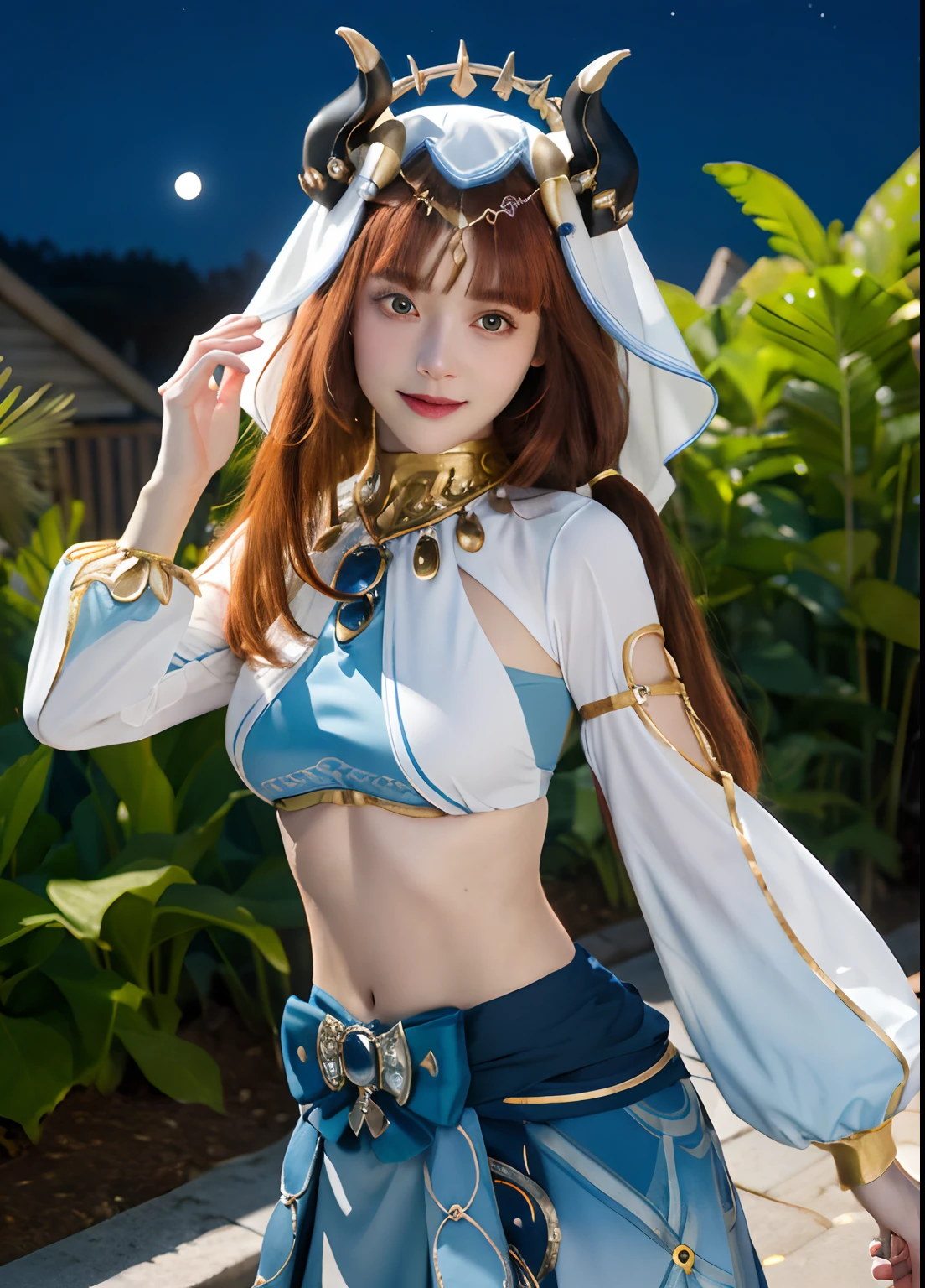 (Realistic painting style:1. 1), masterpiece, best quality, absurdres, nilou (neither flower nor mist) (genshin impact), aqua eyes, nilou (genshin impact), fake horns, 1girl, solo, red hair, veil, smile, moon, long hair, crop top, jewelry, horns, night, bracer, brooch, long sleeves, puffy long sleeves, looking at viewer, skirt, bangs, twintails, water, puffy sleeves, sky, neck ring, open mouth, :d, full moon, night sky, flower, harem outfit, gold trim, parted bangs, arm up, breasts, circlet, outdoors, blue skirt, hair ornament, detached sleeves, low twintails, floating hair, gem, hair flower, blue gemstone, hand up, dancer, white headwear, small breasts, stomach, midriff, cowboy shot, blue bow, very long hair