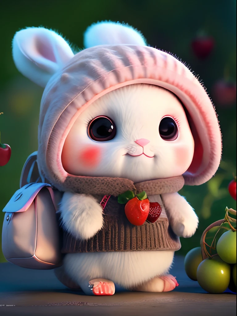 : 3. Rabbit, realistic, hairy, clothed animal, apple, dark circles, blush, cherry, food, fruit, full body, hat, non-human, strawberry, tomato, watermelon ,
