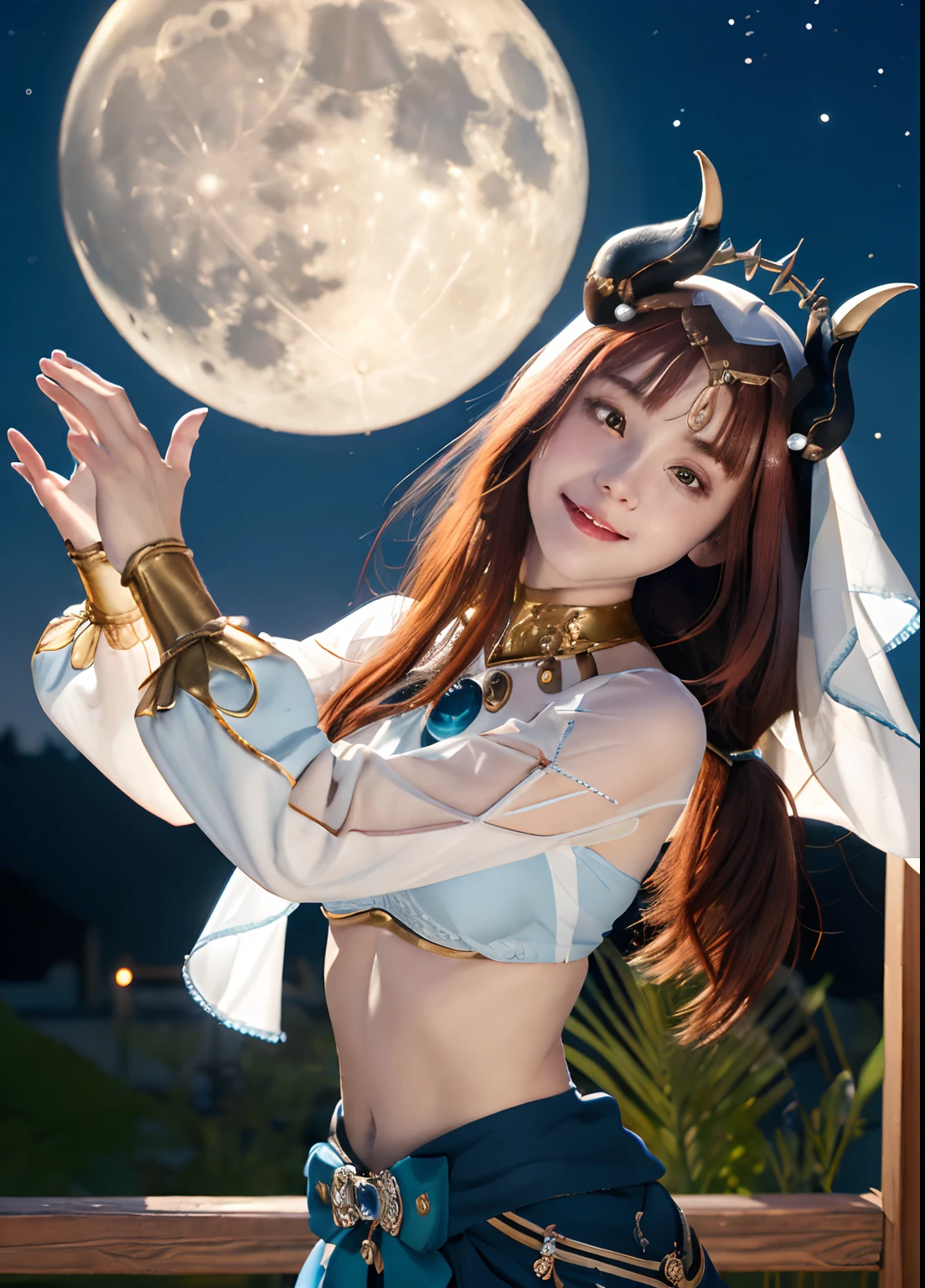 (Realistic painting style:1. 1), masterpiece, best quality, absurdres, nilou (neither flower nor mist) (genshin impact), aqua eyes, nilou (genshin impact), fake horns, 1girl, solo, red hair, veil, smile, moon, long hair, crop top, jewelry, horns, night, bracer, brooch, long sleeves, puffy long sleeves, looking at viewer, skirt, bangs, twintails, water, puffy sleeves, sky, neck ring, open mouth, :d, full moon, night sky, flower, harem outfit, gold trim, parted bangs, arm up, breasts, circlet, outdoors, blue skirt, hair ornament, detached sleeves, low twintails, floating hair, gem, hair flower, blue gemstone, hand up, dancer, white headwear, small breasts, stomach, midriff, cowboy shot, blue bow, very long hair