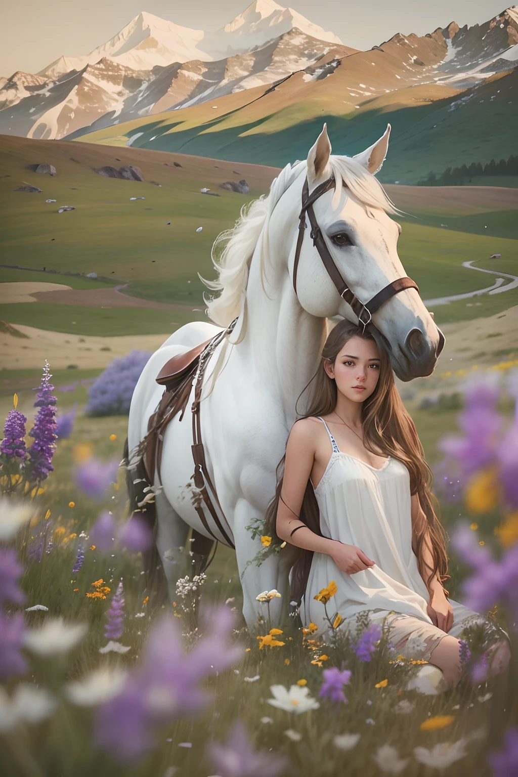 20-year-old girl with long hair, on a white horse, grass field, wildflowers, snow mountains..