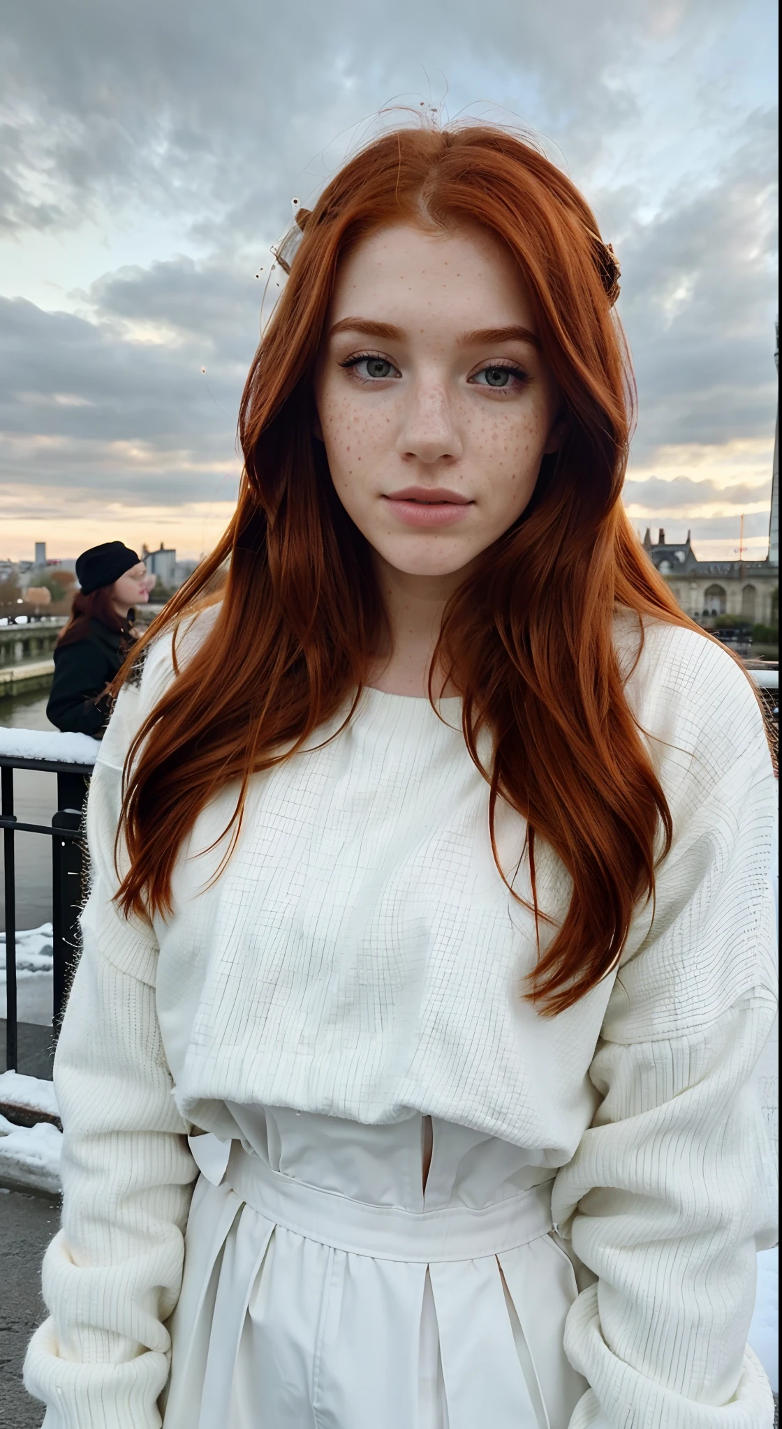 Hyper realistic 23 year old redhead girl of Irish descent with freckles in selfie mode for Instagram dressed Snapchat influencer Full photo of London dressed in winter