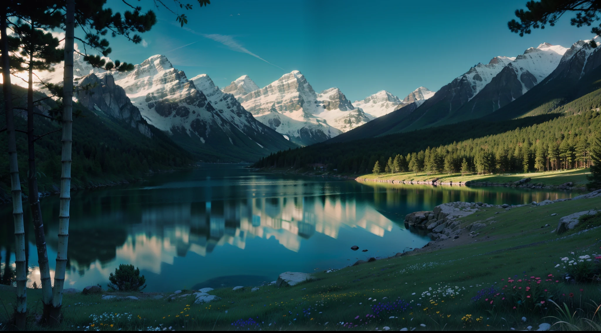 Towering snow-capped mountains, turquoise lake, (forest), flowers, trees, grass, bamboo, spring, sunny, strong sunlight, chiaroscuro, cliffs, panoramao, 8K, high quality