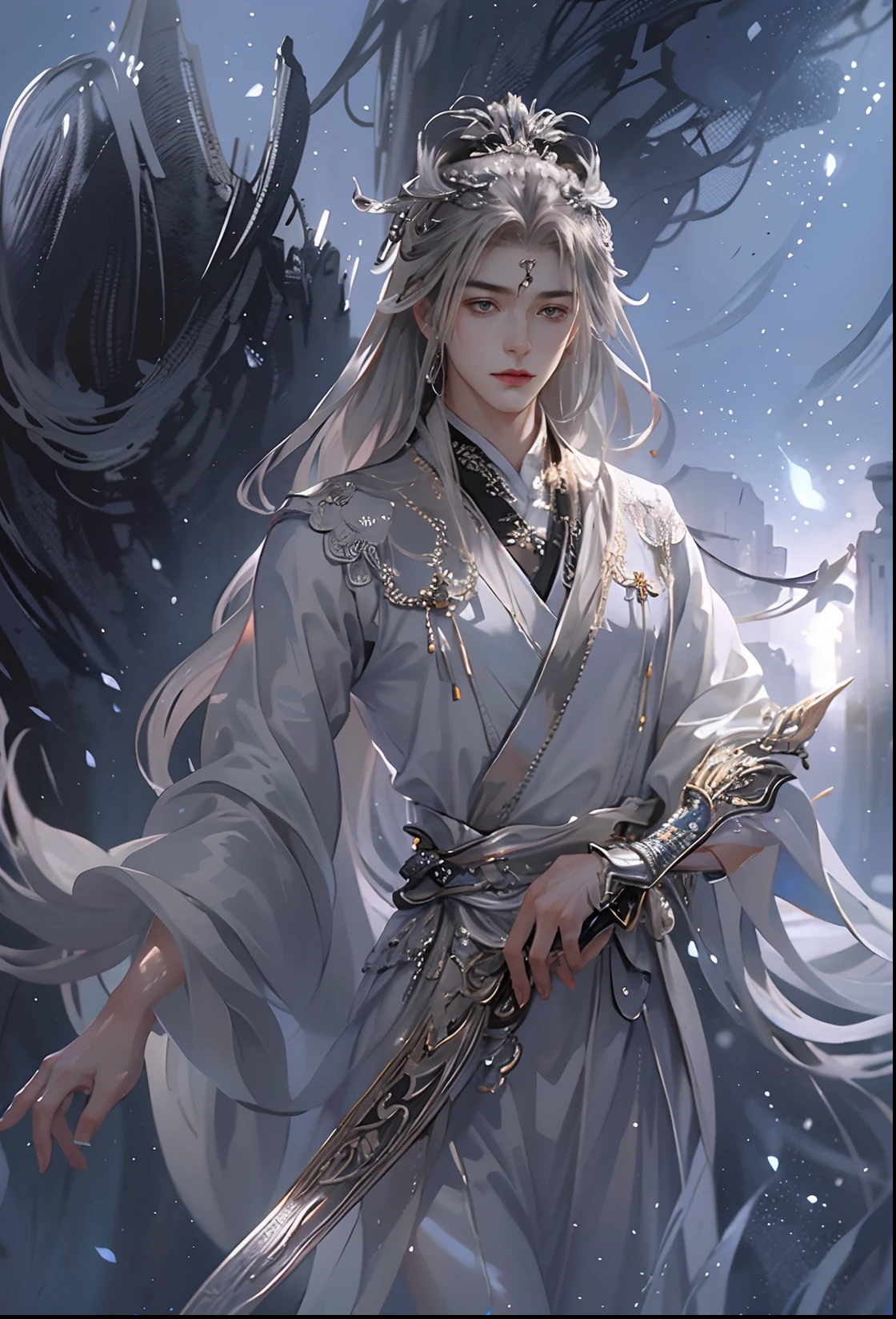 (extreamly delicate and beautiful:1.2), 8K, (tmasterpiece, best:1.0), , (LONG_silver_HAIR_MALE:1.5), Upper body body, a long_haired male, (Perfect symmetrical_eyes:1.3) cool and seductive, evil_gaze, wears white hanfu, and intricate detailing, and intricate detailing, finely eye and detailed face, Perfect eyes, Equal eyes, Fantastic lights and shadows、white room background、 Uses backlight and rim light