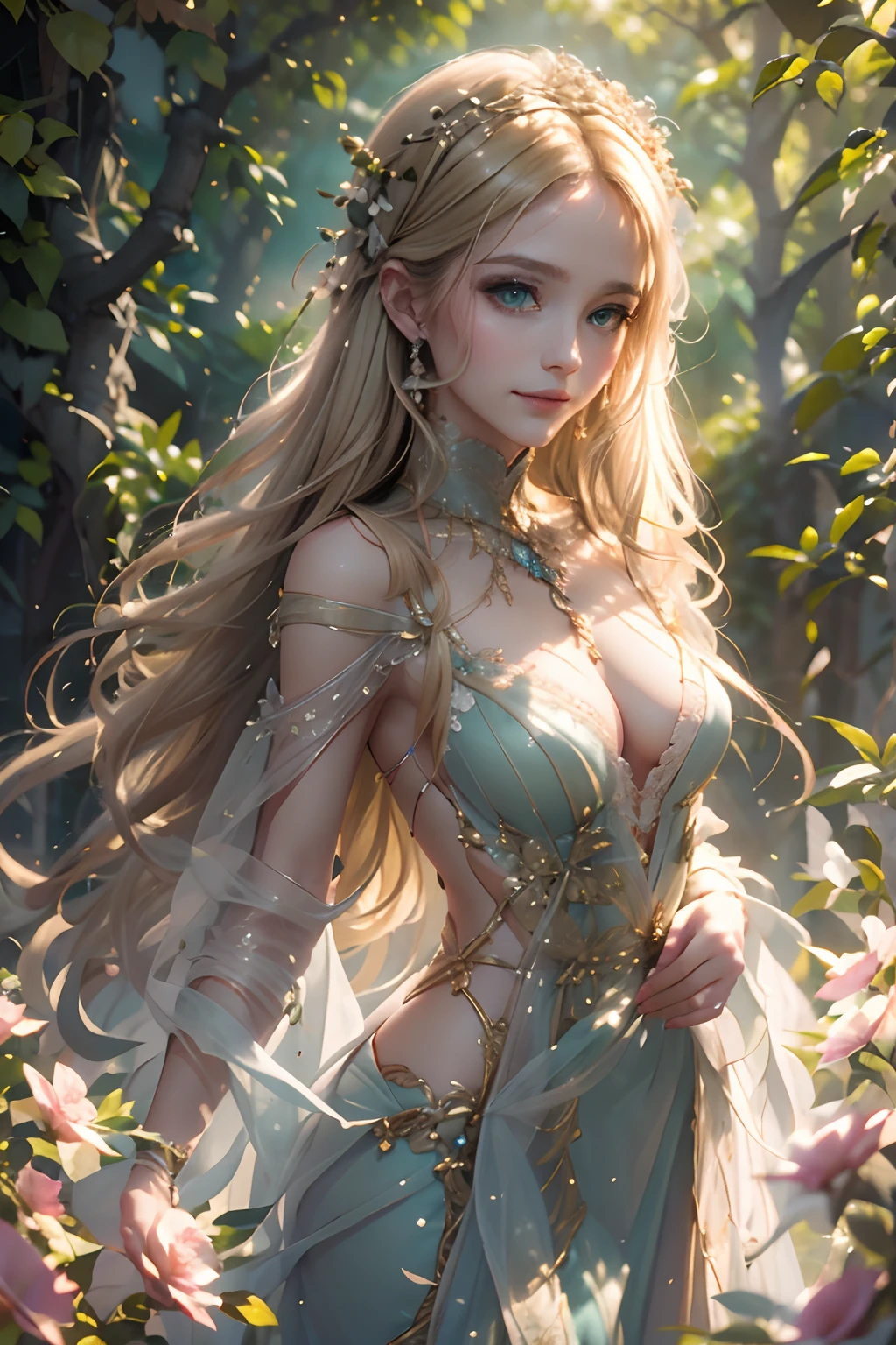 Princess in a delicate pink dress with green eyes, (Best Quality, Realistic:1.37, hight resolution) [bright colours], Detailed facial features, Garden decorations, soft-lighting, [Flowing fabric], (Emotional expression), (Subtle background), (Portrait), [Beautiful flowers], Feminine Pose, (Small details in the dress), (dreamy atmosphere), (captivating gaze), (Lush greenery), (Natural sunlight), [fine makeup], (Elegant hairstyle), (Graceful movement), (Adorable smile), (Unearthly beauty), (Enchanting atmosphere), (Delicate skin texture), (Visual storytelling), [Fairytale setting], [Magic vibes], (Impeccable composition).