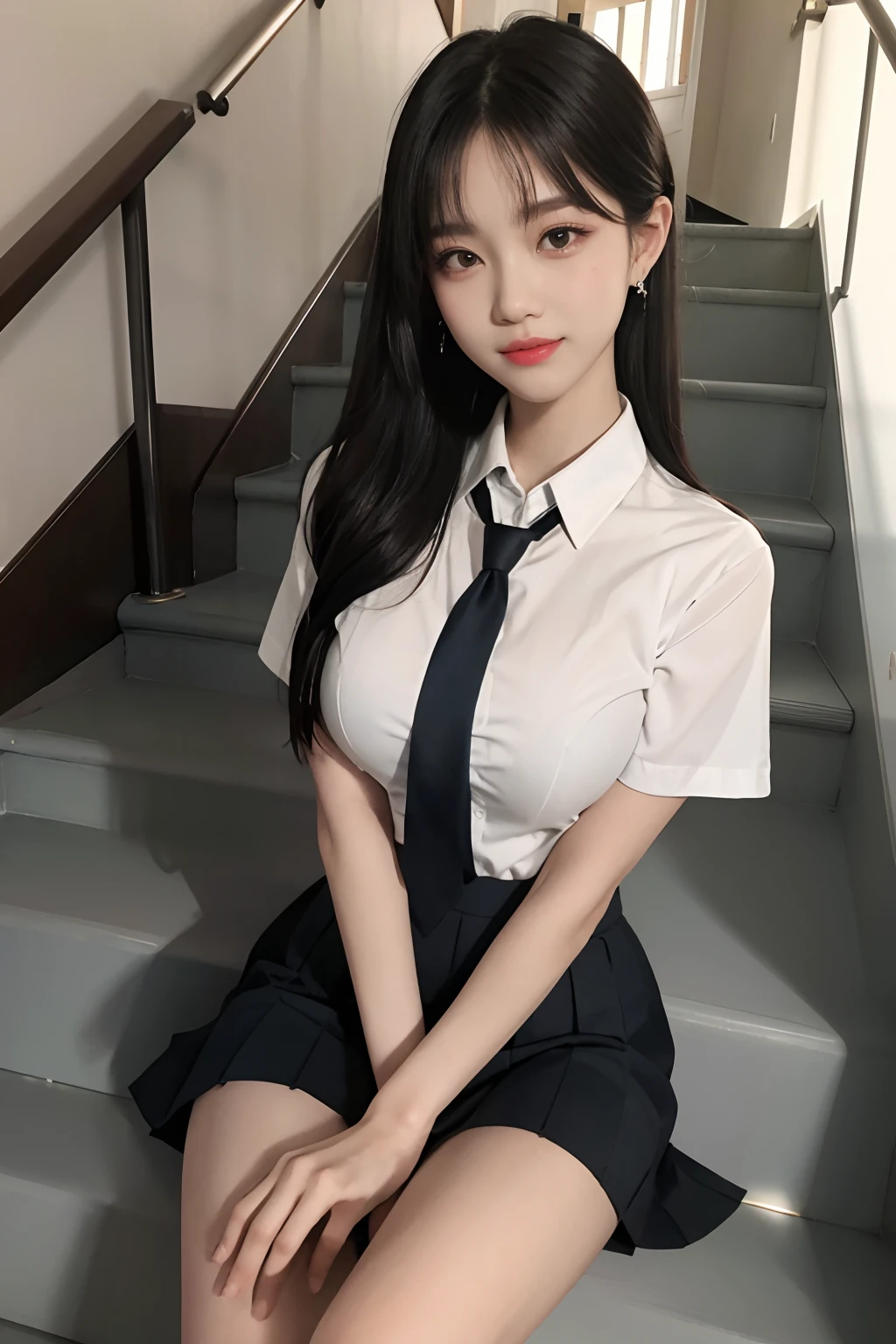 Gray eyes, Korean school uniform, summer school uniform shirt, ribbon tie, skirt, bright blonde, school stairs, going down school stairs, chest thrusting pose, chest bragging pose, 8k raw photo, high resolution, cool Korean at 16 years old, very big round breasts, beautiful eyes in detail, long eyelashes, beautiful double eyelids, eyeshadow, eyeliner, slender eyes, elongated eye shape, Sanpaku eyes, evil smile, evil look, beautiful very thin legs, beautiful very thin thighs, random medium hair, hair tied behind the head, earrings,